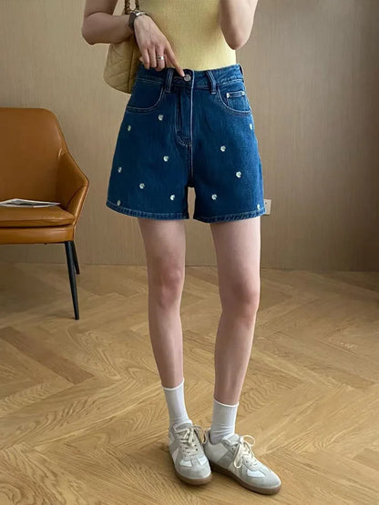 Cralom Vintage Denim Shorts High Waist Wide Leg Pants