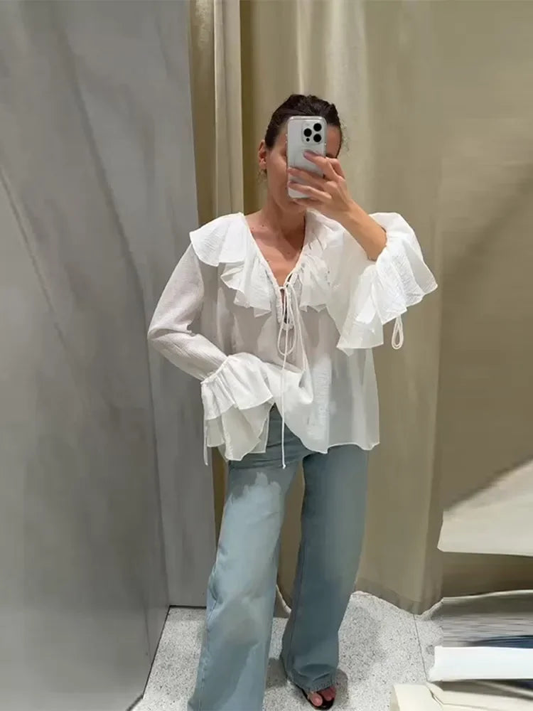 Cralom Women's White Ruffled V-Neck Chiffon Blouse Loose Fit Lace-up Casual Shirt