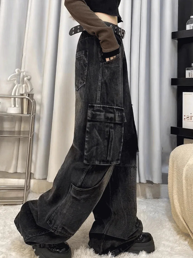 Cralom Women's Cargo Vintage Jeans | High Waist Straight Wide Leg Denim