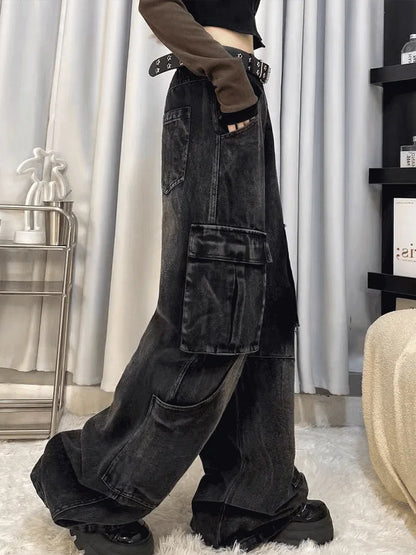 Cralom Women's Cargo Vintage Jeans | High Waist Straight Wide Leg Denim