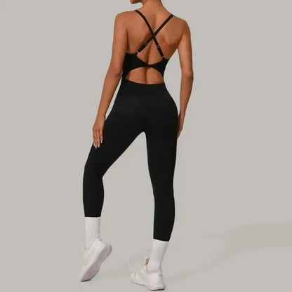 Cralom Seamless Yoga Jumpsuit with Cross Waist Buckle