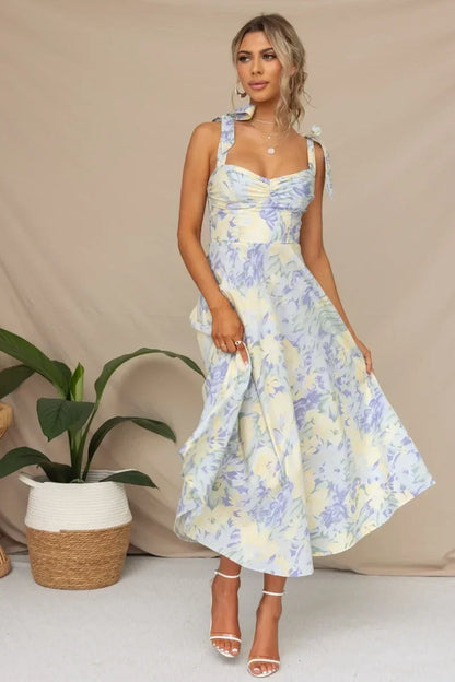 Floral Suspender Slimming Dress V-neck Waist Cinching Cralom Brand