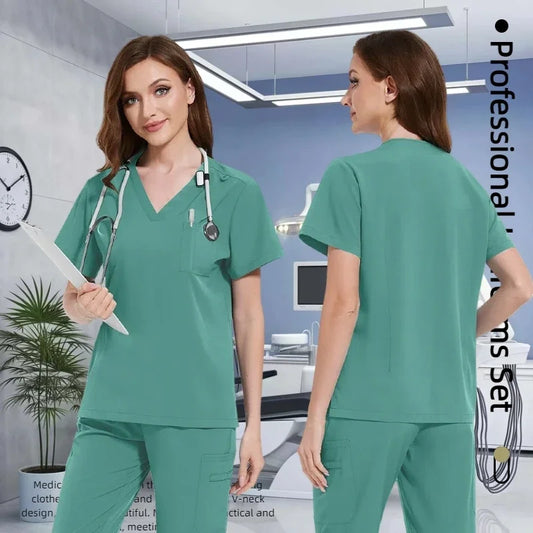 Cralom Multicolour Nurse Scrubs Set V-neck Top Pocket Pants
