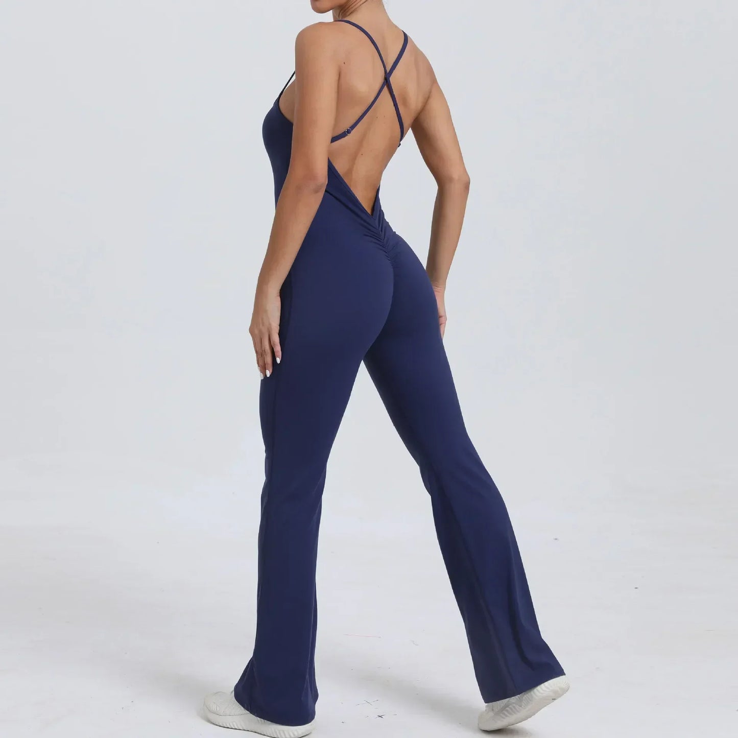 Cralom Cross Strap Yoga Jumpsuit - Flared Leg Fitness Suit