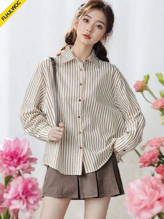 Cralom Cotton Stripe Shirt 2024: Autumn Chic Office Lady Retro Button Boyfriend Shirt