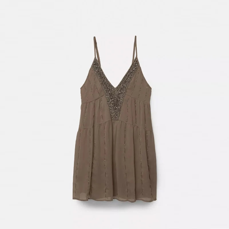 Cralom Sequin Embroidery Halter Vest Rhinestone Lace Up Sleeveless Top