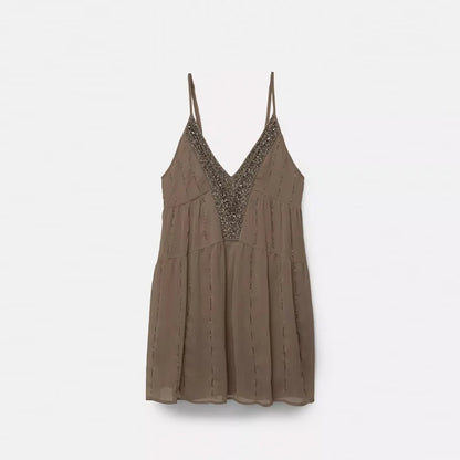 Cralom Sequin Embroidery Halter Vest Rhinestone Lace Up Sleeveless Top