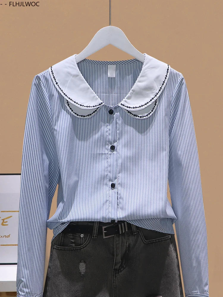 Cralom Embroidered Peter Pan Collar Blouse Long Sleeve Preppy Style Striped Shirt