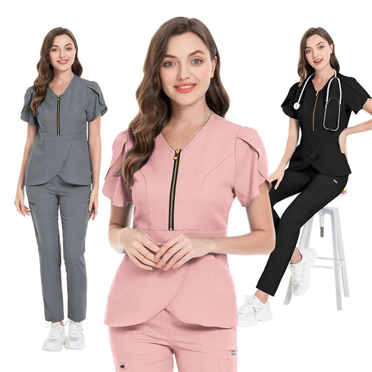 Cralom Women's Solid Color Hospital Scrub Set
