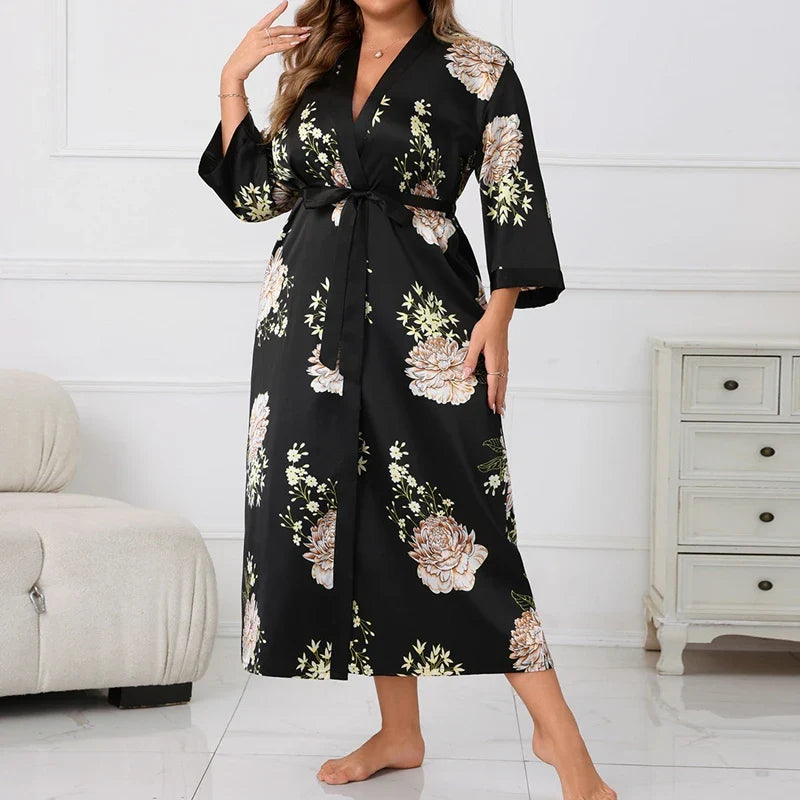 Cralom Plus Size Flowers Satin Robe: Elegant V-Neck Kimono Lounge Comfort Homewear