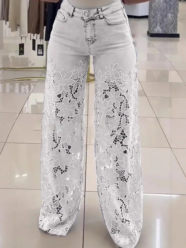 Cralom Streetwear Washed Blue Lace Spliced Jeans Wide Leg Pants