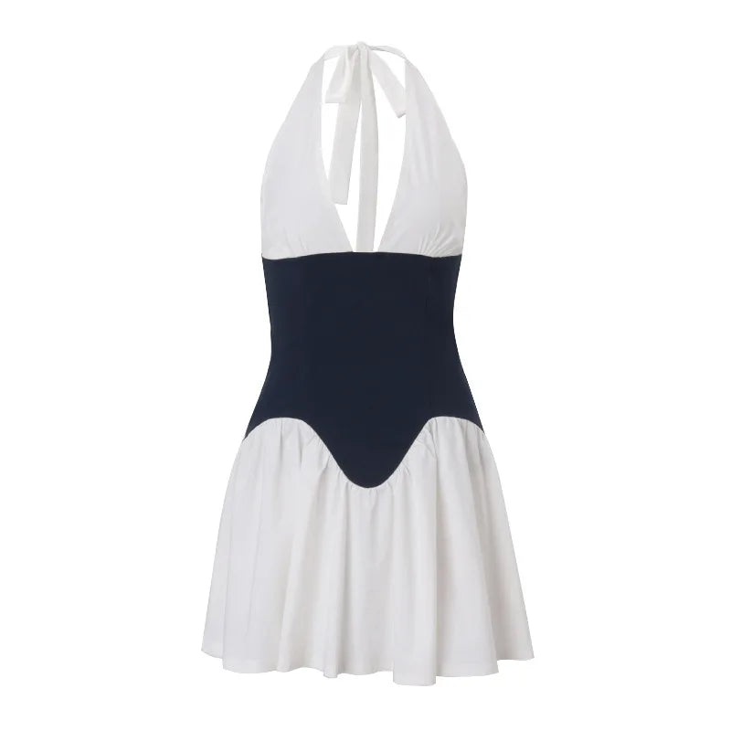 Cralom Black & White Color Block Sexy V-neck Waist Dress