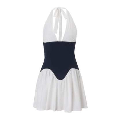 Cralom Black & White Color Block Sexy V-neck Waist Dress