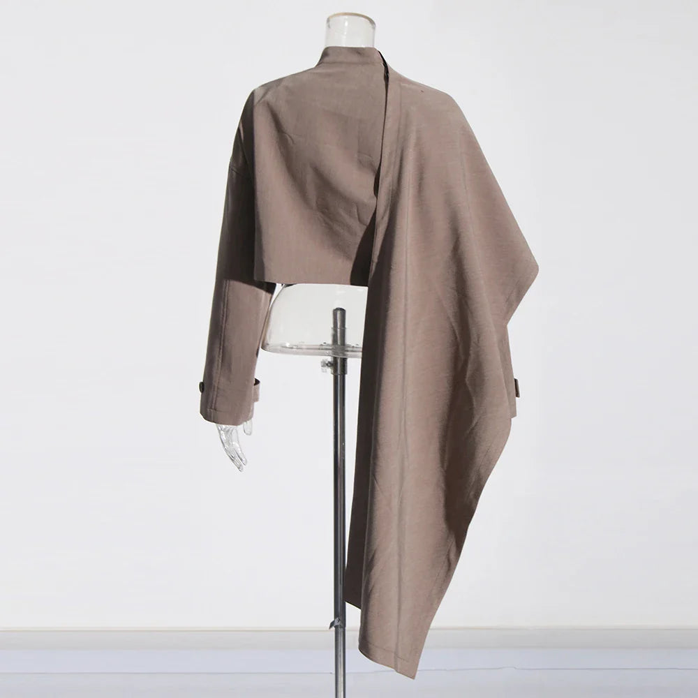 Cralom Chic Button Short Coat Turtleneck Asymmetrical Jacket