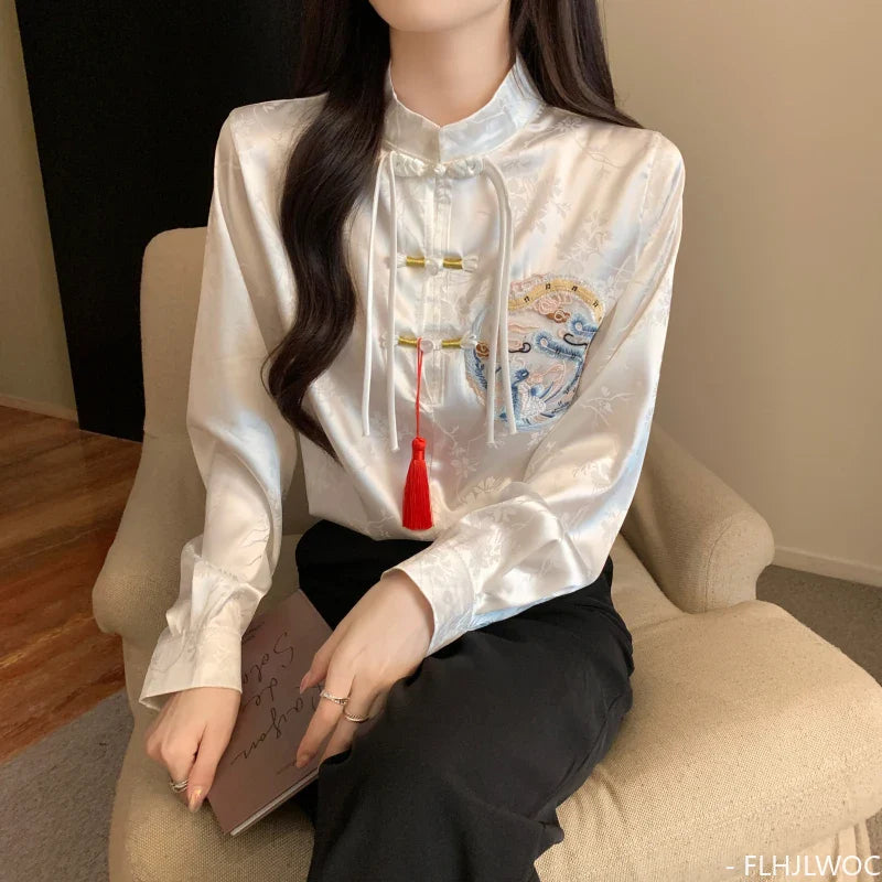 Cralom 2024 Spring Stand Collar Bow Tie Embroidered Blouse Vintage Button Shirt