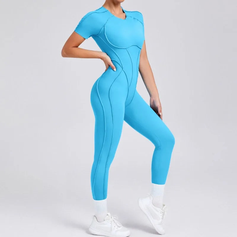Cralom Seamless Backless Yoga Bodysuit - Short Sleeve Long Pants