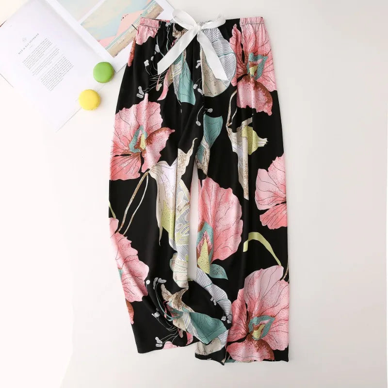 Cralom Floral Cotton Silk Pajama Pants Women's Loose Wide-leg Trousers