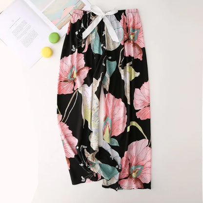 Cralom Floral Cotton Silk Pajama Pants Women's Loose Wide-leg Trousers