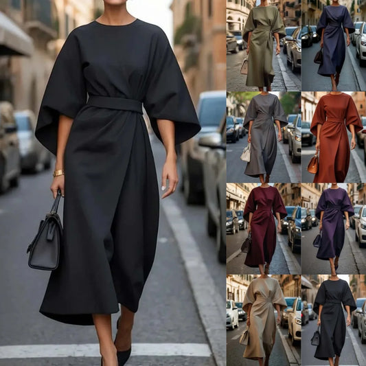 Cralom Solid Color Waist Cinched Batwing Sleeve Long Dress - 2025 Autumn