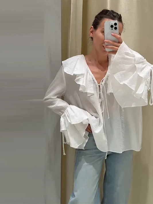 Cralom Women's White Ruffled V-Neck Chiffon Blouse Loose Fit Lace-up Casual Shirt