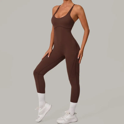 Cralom Women's Fitness Yoga Jumpsuit with Lift Buttocks and Bare Back