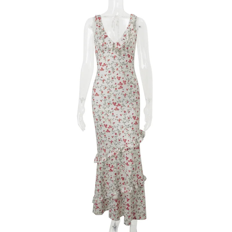 Cralom V-neck Floral Ruffle Edge Slim Dress