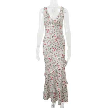 Cralom V-neck Floral Ruffle Edge Slim Dress