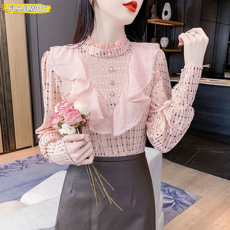 Cralom Sparkly Sequin Ruffle Trim Blouse Slim Fit