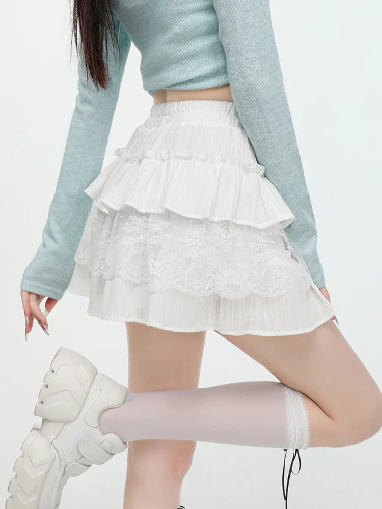 Cralom Sweet Ruffles A Line Mini Skirt - High Waist Lace Spliced Slim Solid Style