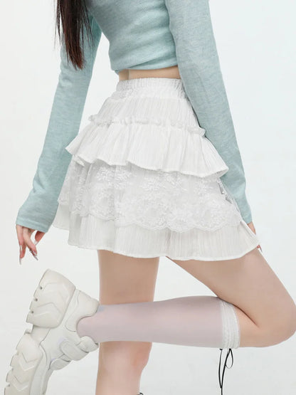 Cralom Sweet Ruffles A Line Mini Skirt - High Waist Lace Spliced Slim Solid Style
