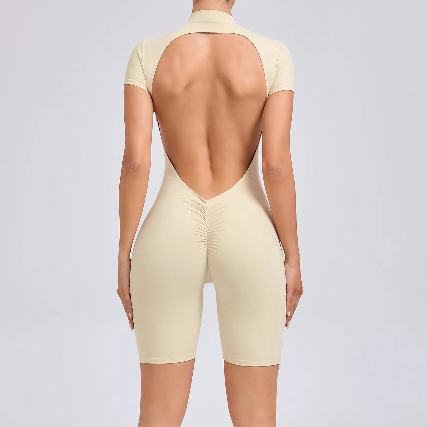 Cralom Backless Zipper Yoga Bodysuit: Short Sleeve Gym Activewear for Running & Workout