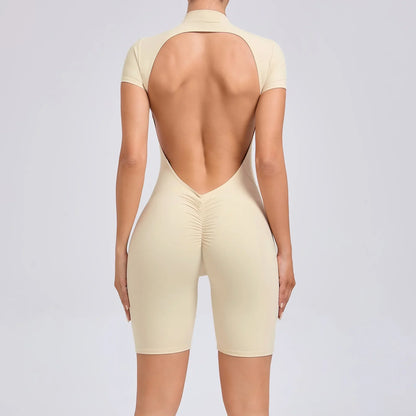 Cralom Backless Zipper Yoga Bodysuit: Short Sleeve Gym Activewear for Running & Workout
