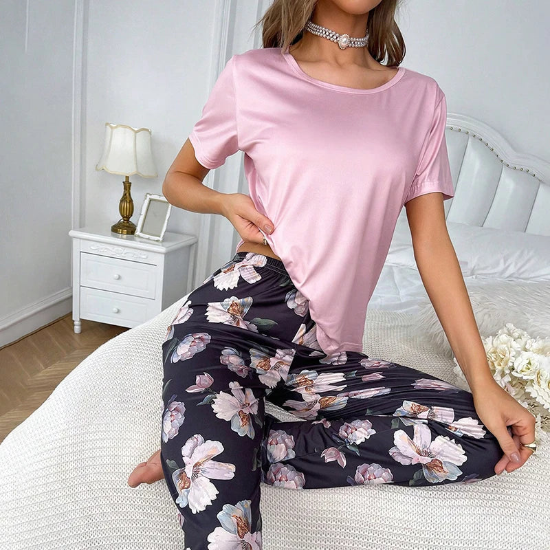 Cralom Women's Short Sleeve Pajama Set with Round Neck - Two Piece Sleepwear Set