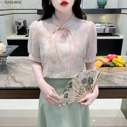 Cralom Floral Print Button Blouse Cute Retro Short Sleeve Tie Top