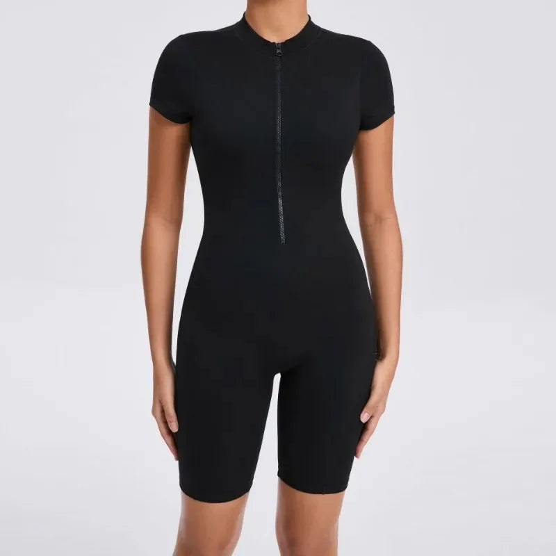 Cralom Backless Zipper Yoga Bodysuit: Short Sleeve Gym Activewear for Running & Workout