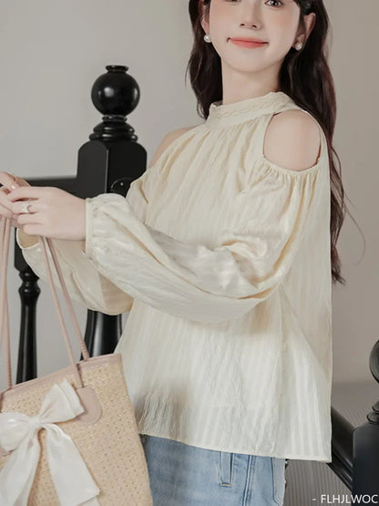 Cralom Off Shoulder Puff Sleeve Lace-Up Blouse