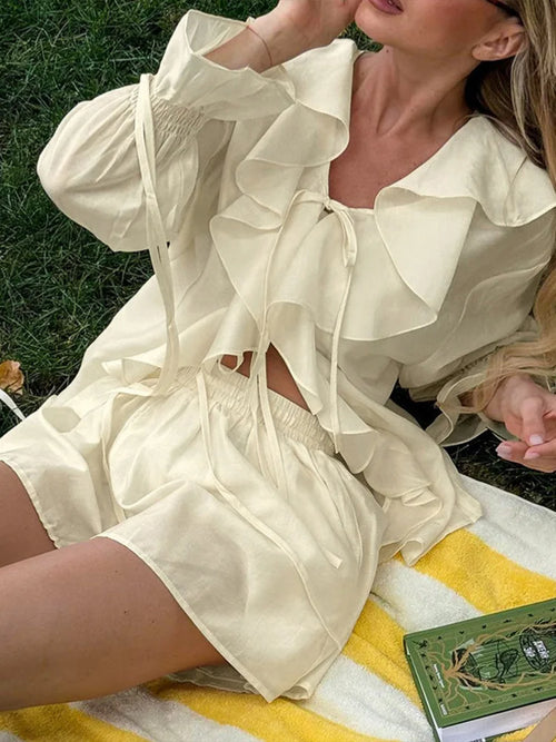 Cralom V Neck Ruffle Lace Up Shorts Set - 2025 Summer Fashion