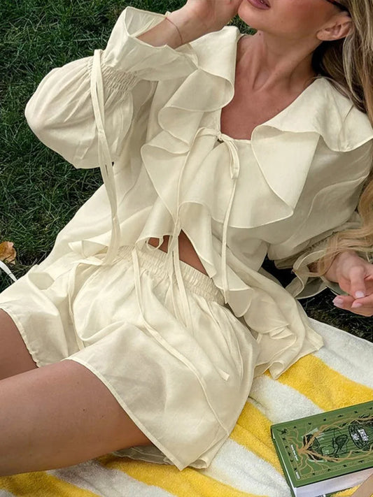 Cralom V Neck Ruffle Lace Up Shorts Set - 2025 Summer Fashion