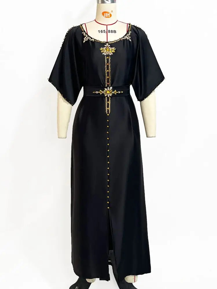 Cralom Black Satin Off Shoulder Abaya Dress - Plus Size Luxury Muslim Wear