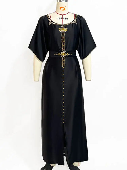 Cralom Black Satin Off Shoulder Abaya Dress - Plus Size Luxury Muslim Wear