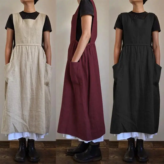 Cralom Sleeveless Cotton Linen Jumpsuit with Apron Design
