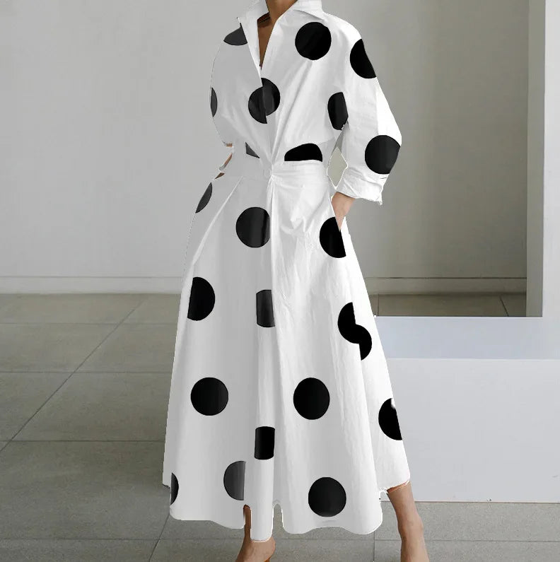 Cralom White Dot Print Maxi Dress - Elegant V Neck Autumn Long Sleeve Party Robe