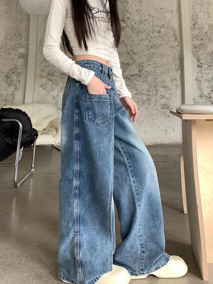 Cralom Vintage Blue Washed High Waist Straight Jeans for Women