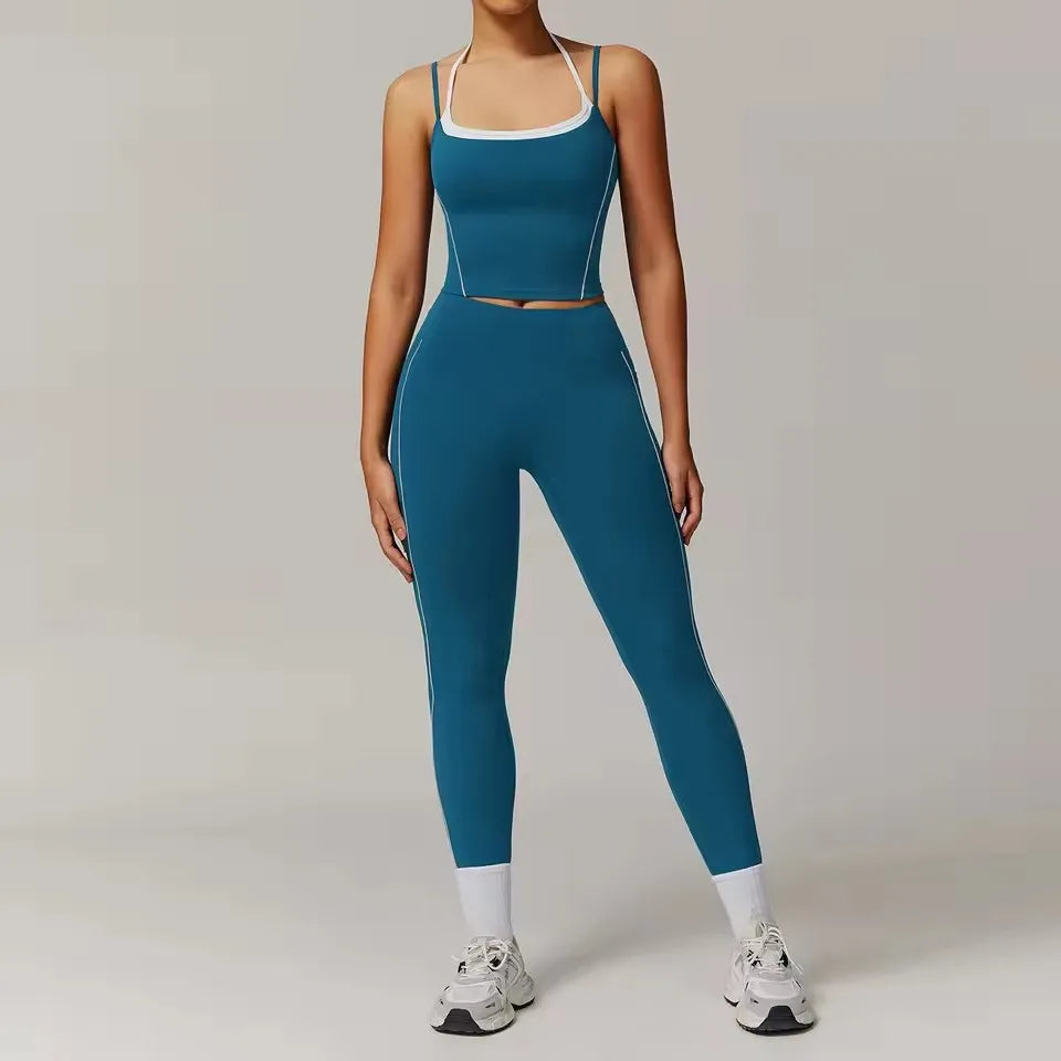 Cralom 2-Piece Gym Leggings Set: Sports Bra & Crop Top Fitness Suit