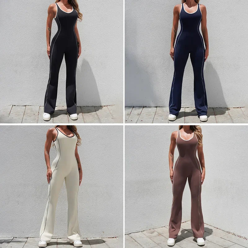 Cralom Color-Block Yoga Bodysuit with Booty-Lifting Flare Pants