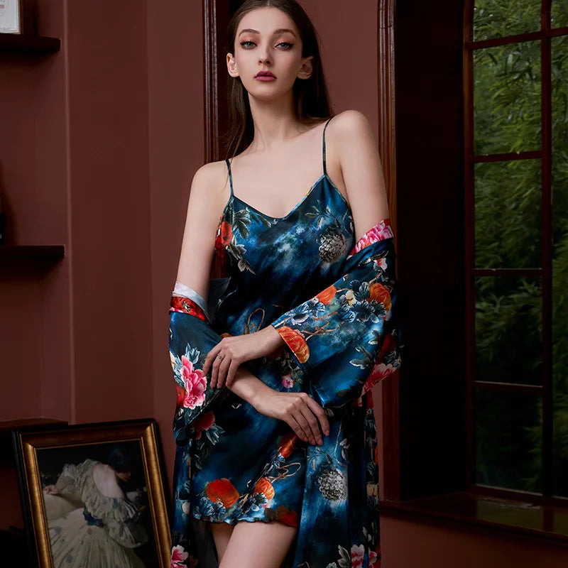Elegant Floral Print Satin Pajama Set with Robe, Dress, and Suspender - Cralom