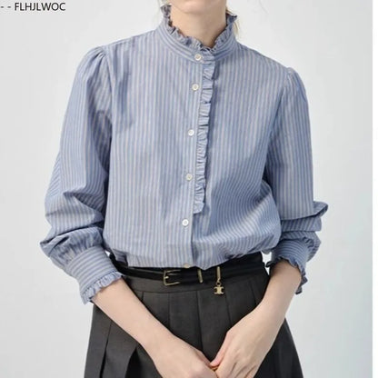 Cralom Blue Striped Retro Vintage Top for Women - Fall Chic Design