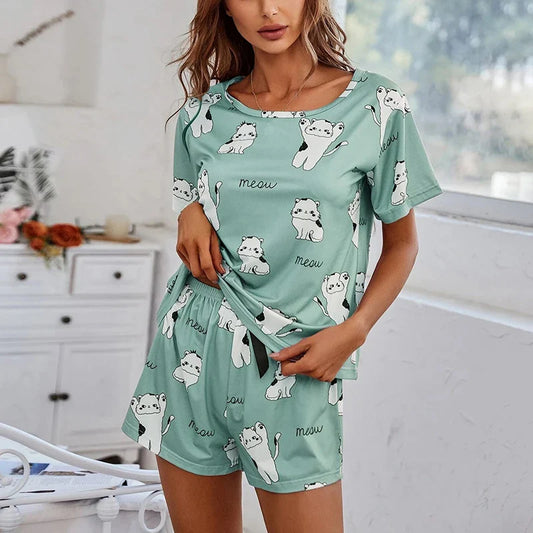 Cralom Cat Print Pajama Set - Soft Summer Sleepwear & Home Clothes