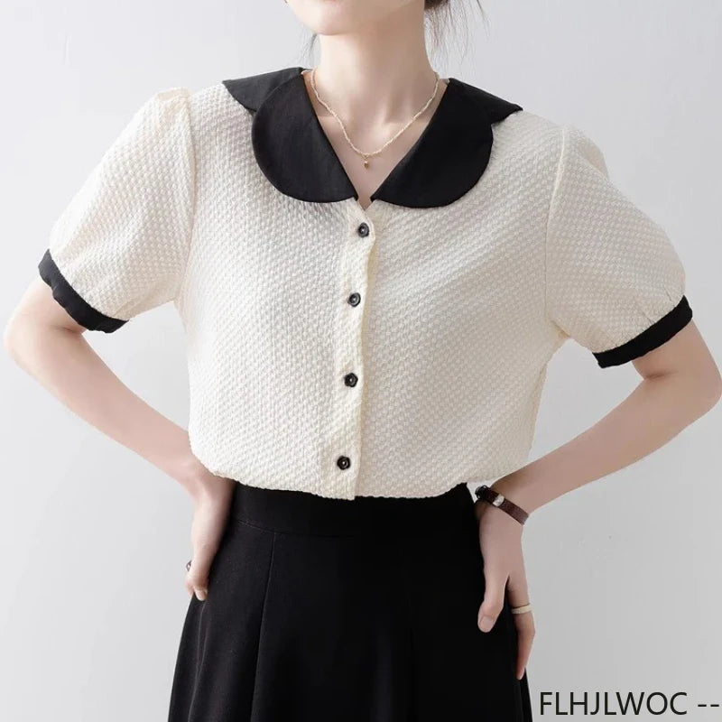 Cralom Retro Chic Peter Pan Collar Button Shirt Blouse for Women Summer 2025