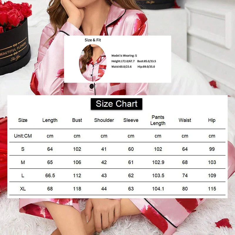 Cralom Red Lip Print Satin Pajama Set with Long Sleeve Top & Pants